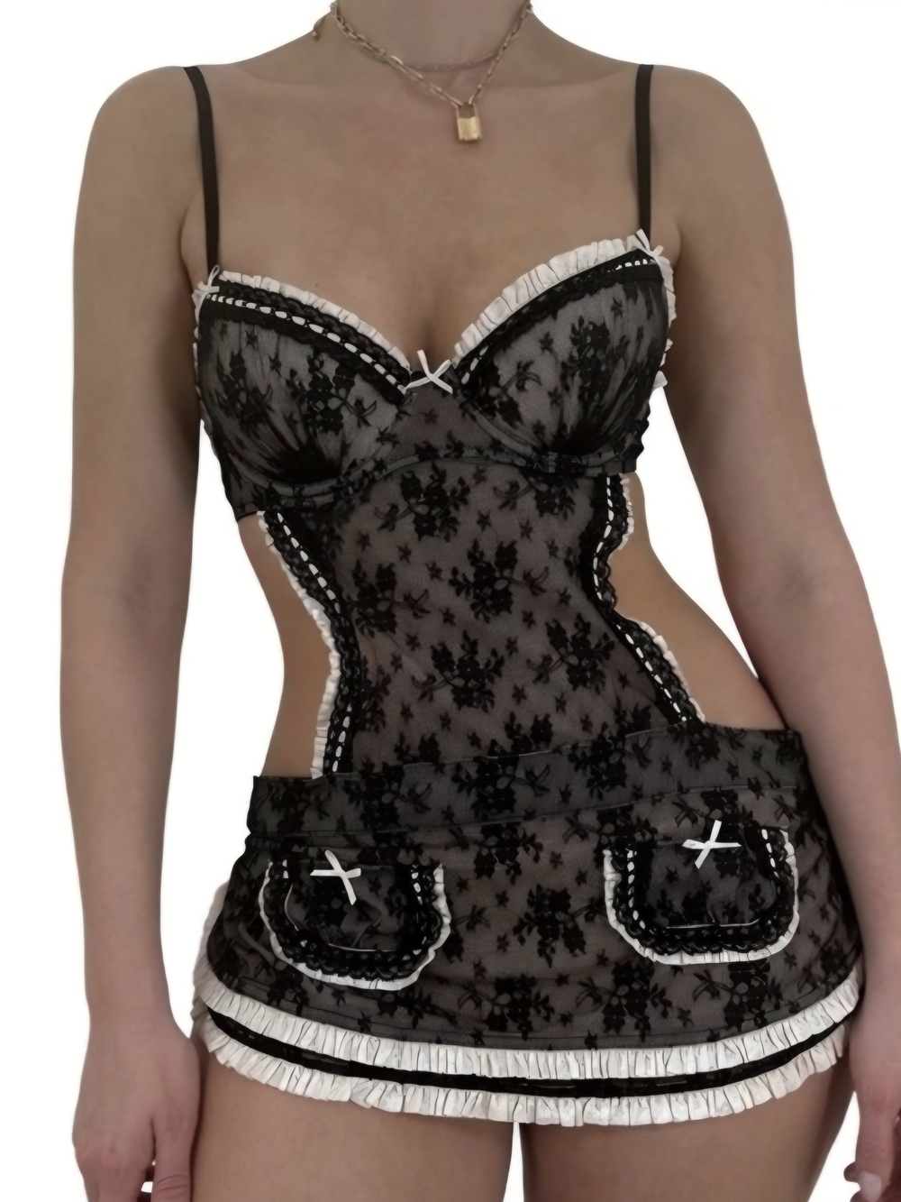 Victoria's Secret Black Sheer Lace Bustier Chemise with White Trim
